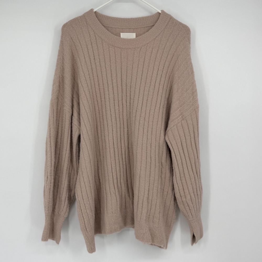 Aerie Women's M Taupe Fuzzy Ribbed Oversized Crewneck Pullover Sweater